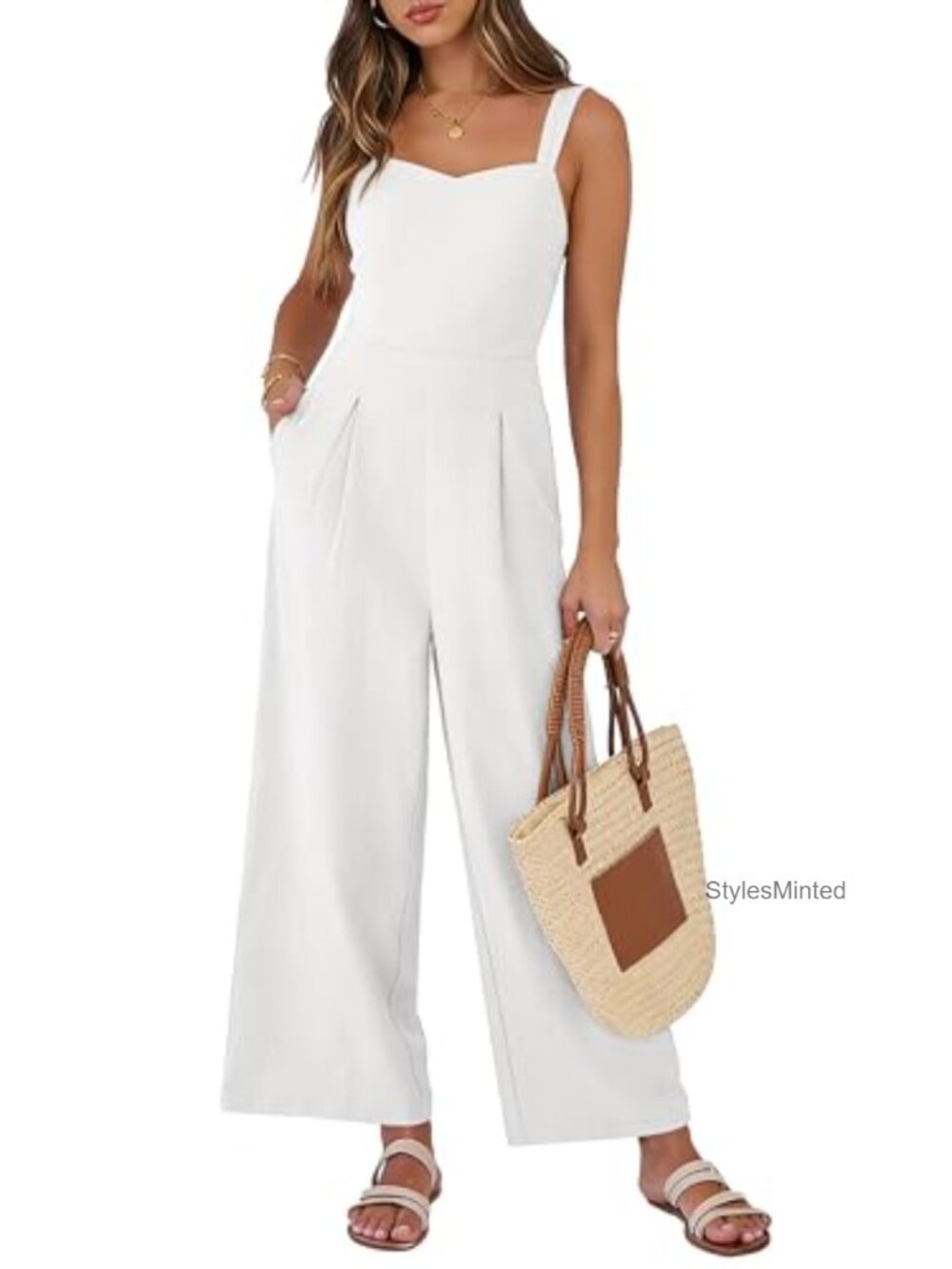 Wide Leg Sleeveless Jumpsuit Romper Smocked Back Sweetheart Neck Pockets